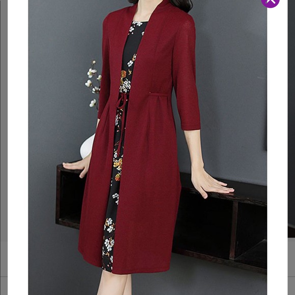 Vicky and Lucas Red Wine & Navy Floral Layered A-Line Dress, Size: Small